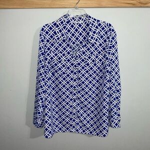 Notations Blue and White Patterned Button Down Blouse 2X
